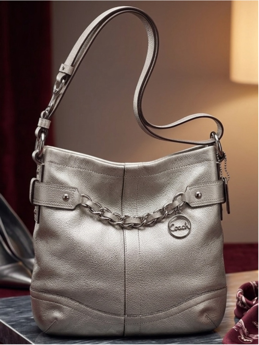 Coach Metallic Silver Leather Shoulder Bag Chain Detail COA